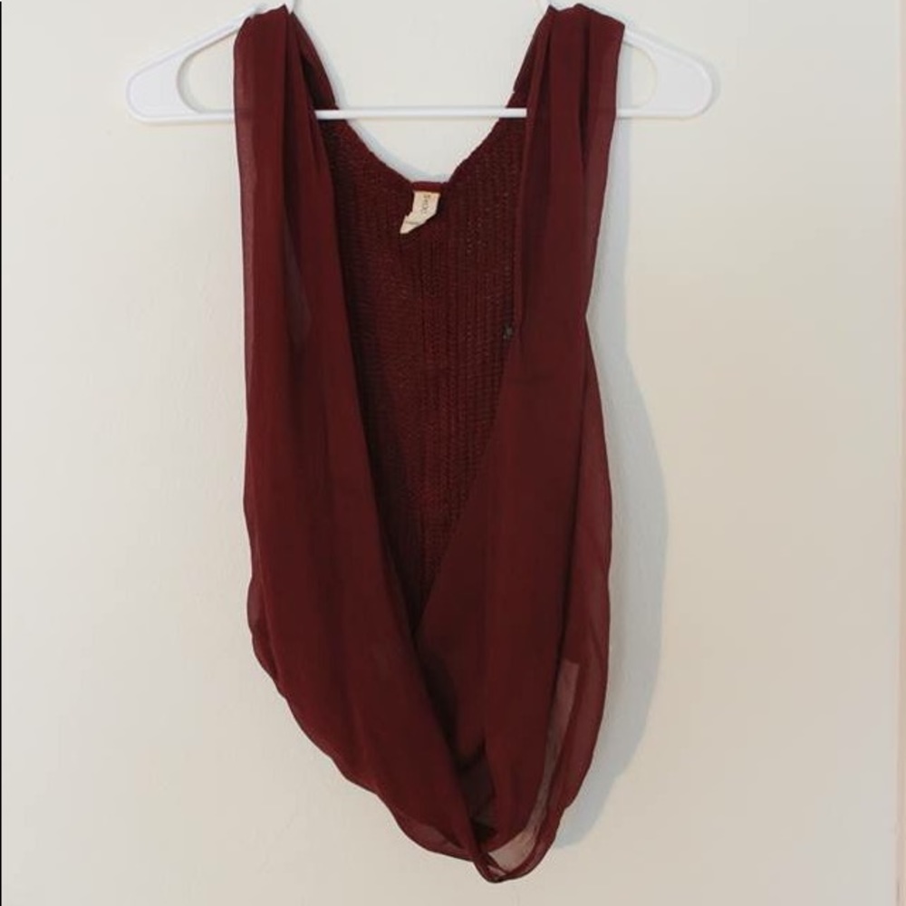 Red open wrap tank with crochet back